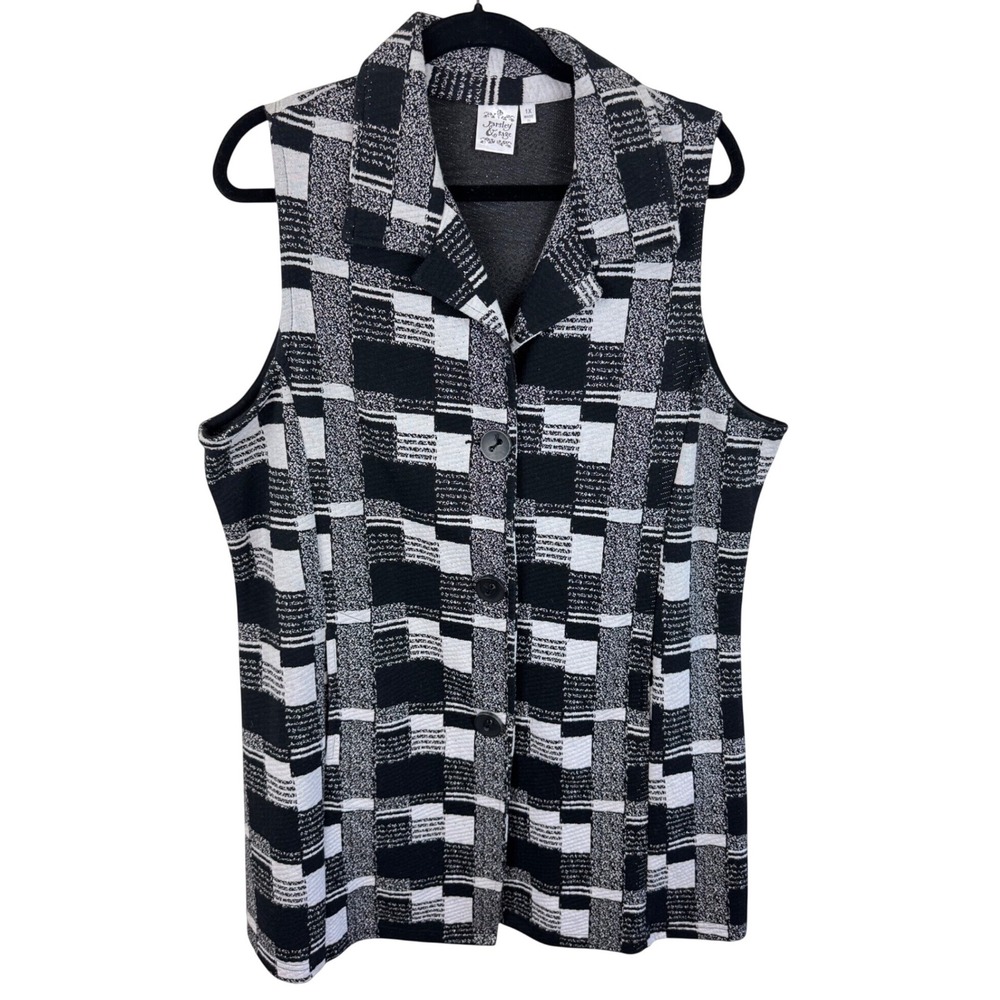 Parsley & Sage Womens 1X Vest Black White Geometric Grid Button Front Collared